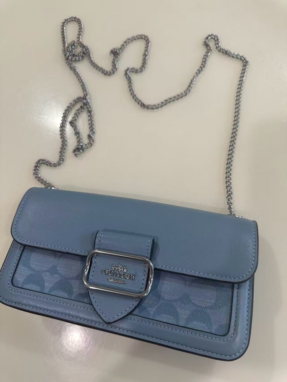 Coach Morgan 20 chambray Light Blue Signature Chain Crossbody